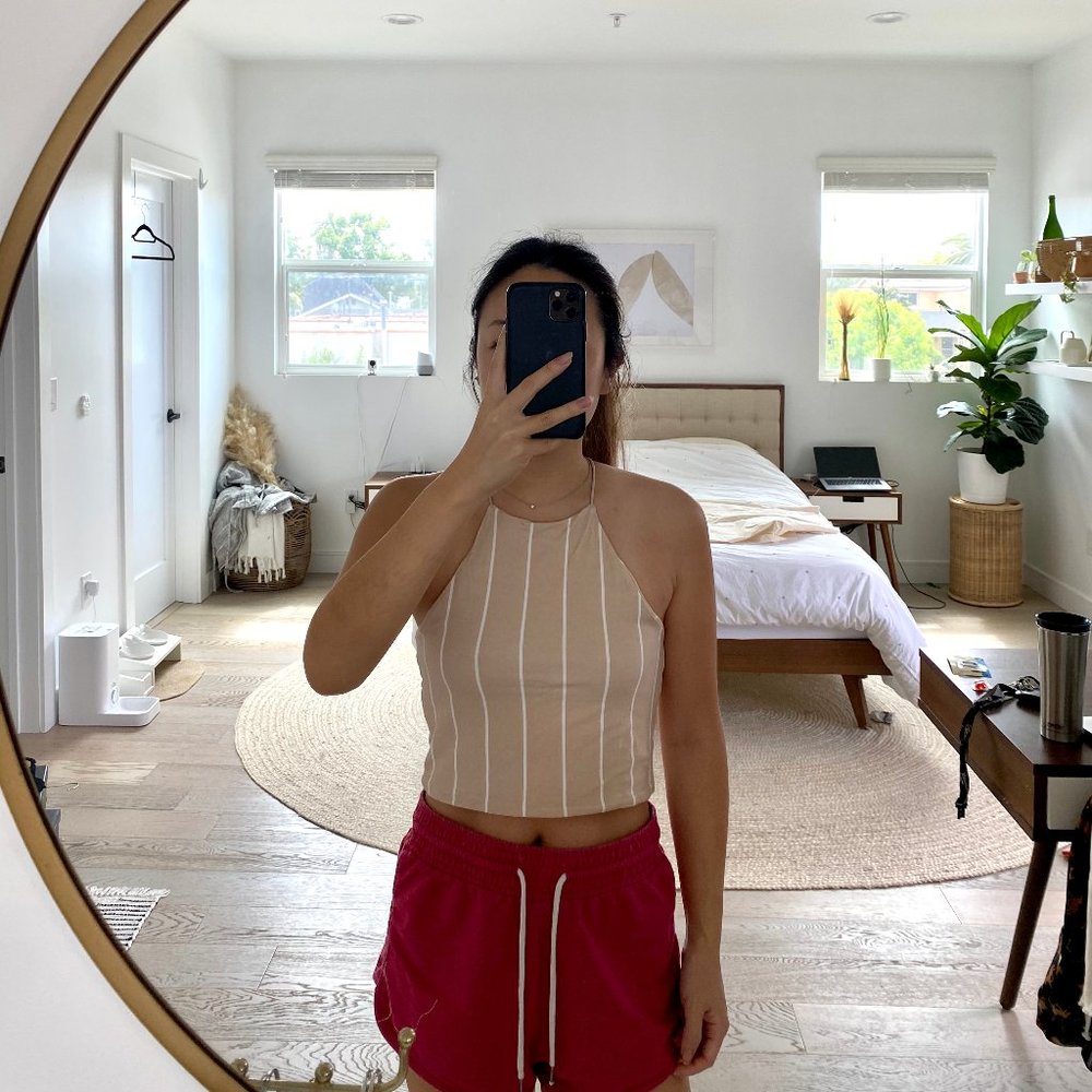 Nude and White Stripe Halter Crop Top Size S